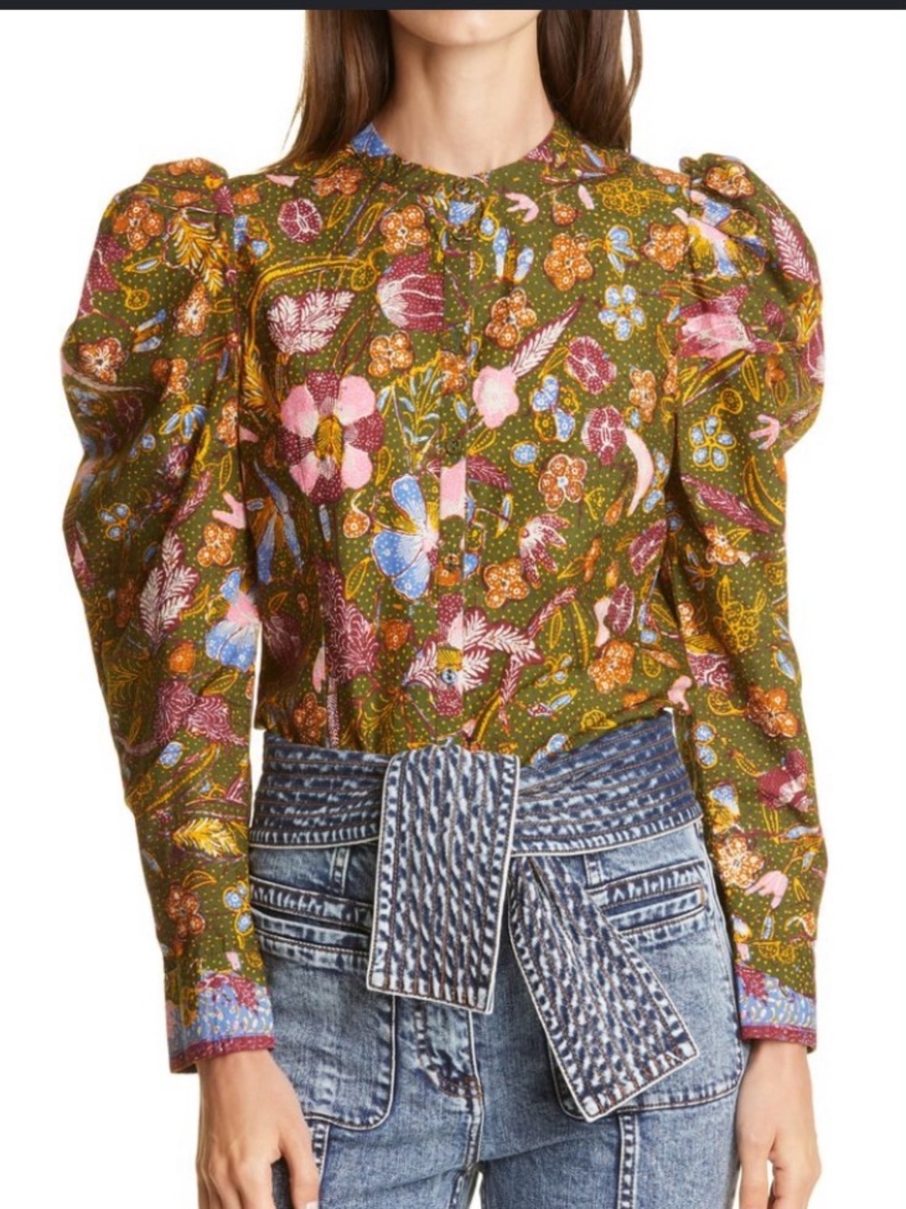 Ulla Johnson Willa Puff Sleeve Cotton Blouse in Pine Floral